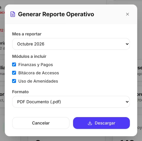 Ventana Generar reporte operativo del backoffice: mes a reportar, Octubre 2026; módulos a incluir: finanzas y pagos, bitácora de accesos y uso de amenidades, los tres marcados; formato PDF Documento (.pdf), y los botones Cancelar y Descargar.