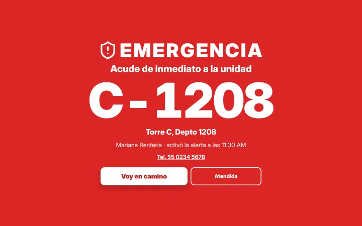 La misma alerta roja a pantalla completa en la computadora del lobby de la Torre C: «Acude de inmediato a la unidad C-1208», con los botones «Voy en camino» y «Atendida».