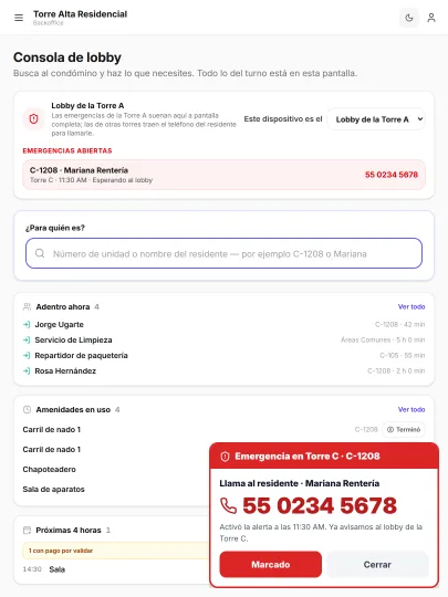 Consola de lobby de la Torre A: la emergencia de otra torre llega como una tarjeta con el teléfono del residente, para llamarle.