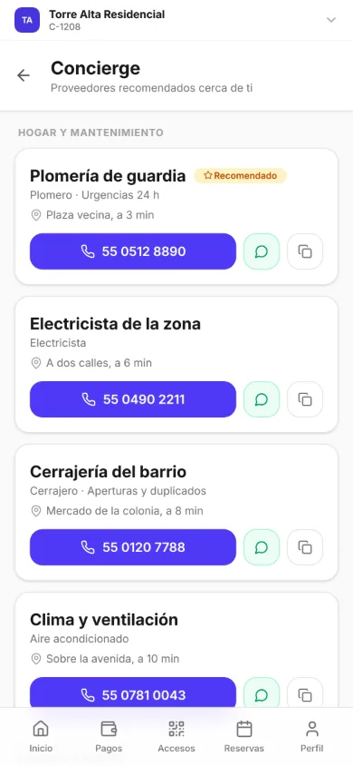 Concierge en la app de residente, proveedores recomendados cerca: en Hogar y mantenimiento, Plomería de guardia, plomero, a 3 min, con la marca Recomendado; Electricista de la zona, a 6 min; Cerrajería del barrio, cerrajero de aperturas y duplicados, a 8 min, y Clima y ventilación, aire acondicionado, a 10 min; cada uno con sus botones para llamar, escribir por WhatsApp y copiar.