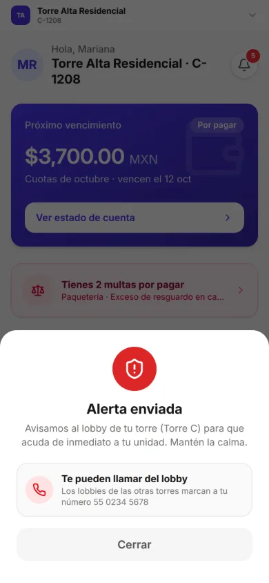La app de residente después de tocar el botón de emergencia: «Alerta enviada. Avisamos al lobby de tu torre (Torre C) para que acuda de inmediato a tu unidad. Mantén la calma.» Debajo, «Te pueden llamar del lobby»: los lobbies de las otras torres marcan a su número, 55 0234 5678.