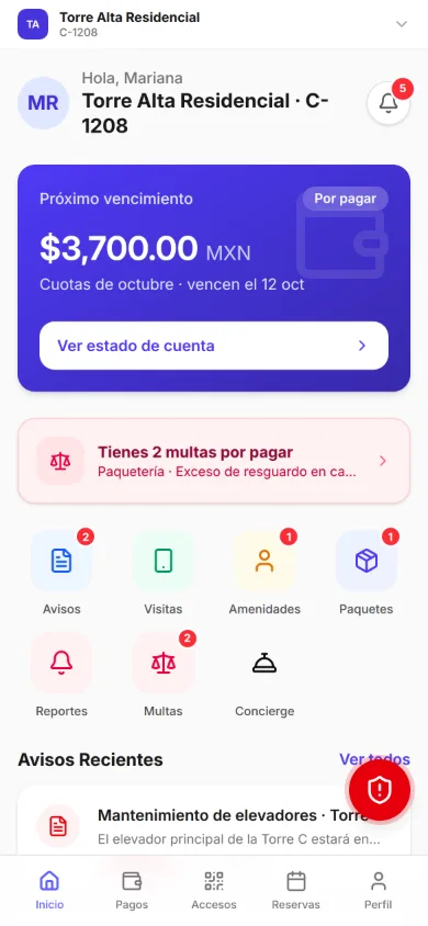 Inicio de la app de residente: la tarjeta índigo del próximo vencimiento, $3,700.00 por pagar de las cuotas de octubre; el aviso de dos multas por pagar; los accesos a avisos, visitas, amenidades, paquetes, reportes, multas y Concierge, y el botón rojo de emergencia.