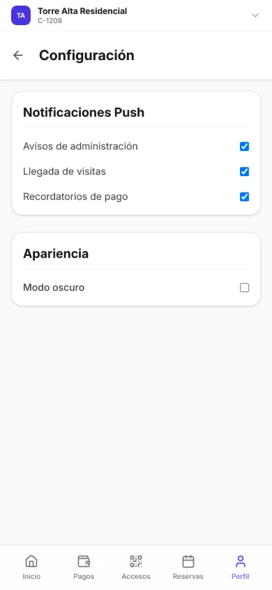 Configuración de la app de residente: notificaciones de avisos de la administración, de la llegada de visitas y de recordatorios de pago, las tres activadas, y el modo oscuro.