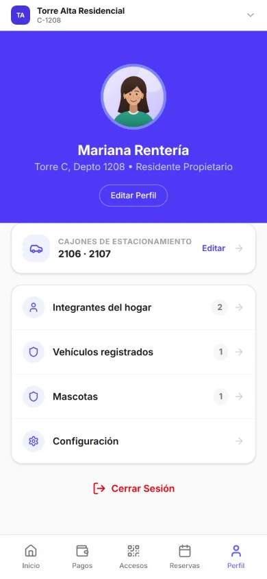 Perfil de Mariana Rentería, Torre C, Depto 1208, residente propietaria, con su foto y el botón Editar perfil: cajones de estacionamiento 2106 y 2107; integrantes del hogar (2), vehículos registrados (1), mascotas (1) y configuración.